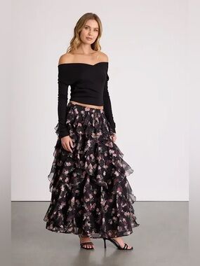 Lulu’s Carion Black Floral Ruffled Maxi Skirt